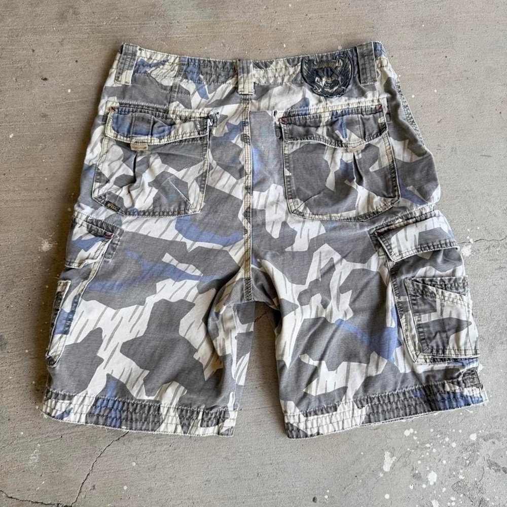 Fox Racing Y2K Gray White Camo Cargo Shorts Mens 33 Embroidery Cotton